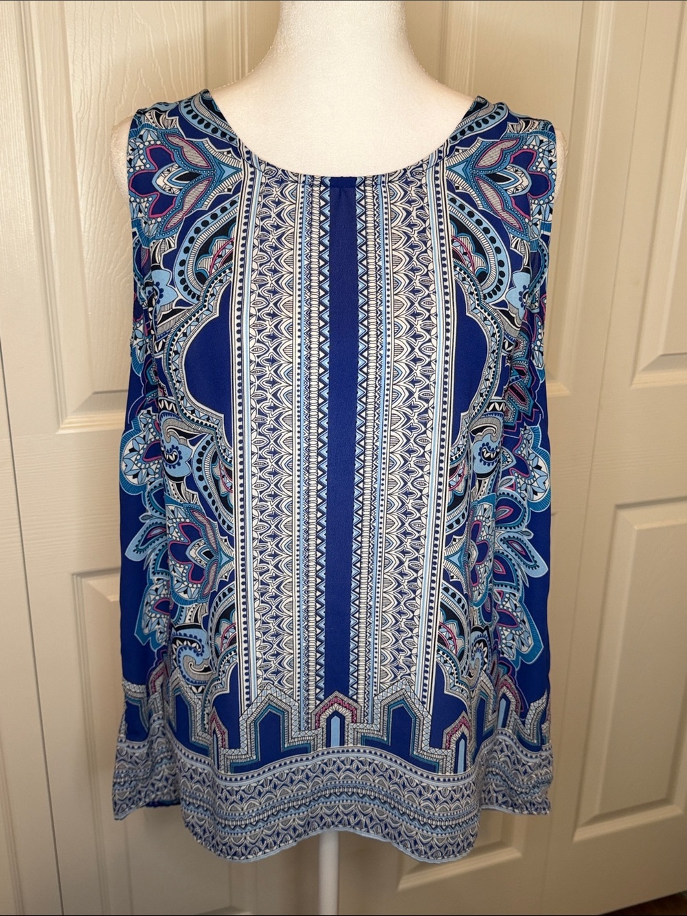 Women's Blue Printed Sleeveless Tunic Top